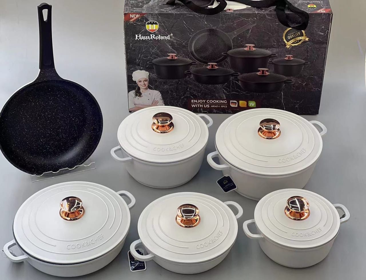 11pcs BMN Granite Non-Stick Cookware Set | Durable Cooking Pots & Frypan – White & Black