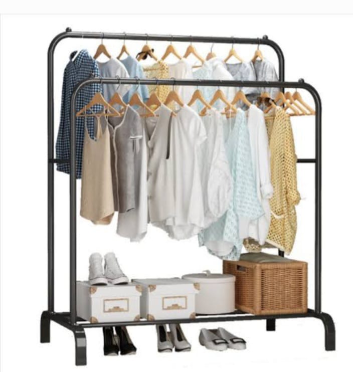 Double Pole Clothing Rack with Shoe Storage – 110x40x150cm, Black Metal