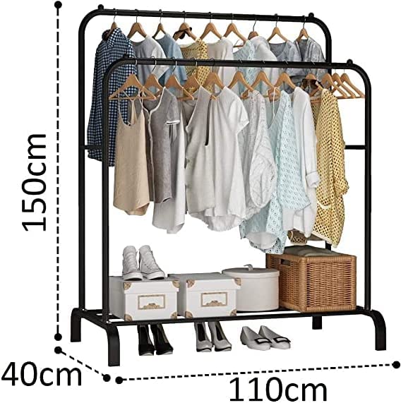 Double Pole Clothing Rack with Shoe Storage – 110x40x150cm, Black Metal