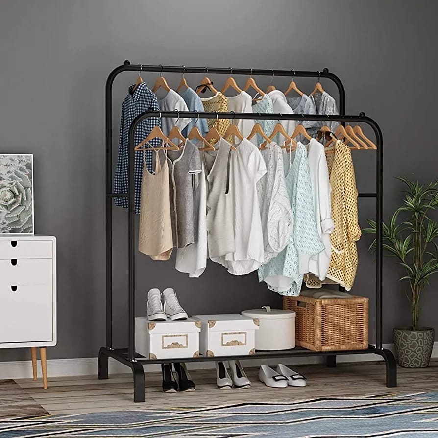 Double Pole Clothing Rack with Shoe Storage – 110x40x150cm, Black Metal