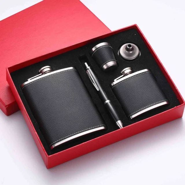 Black & Brown Leather-Covered Whiskey Flasks Gift Set |A Classic Gentleman’s Gift.