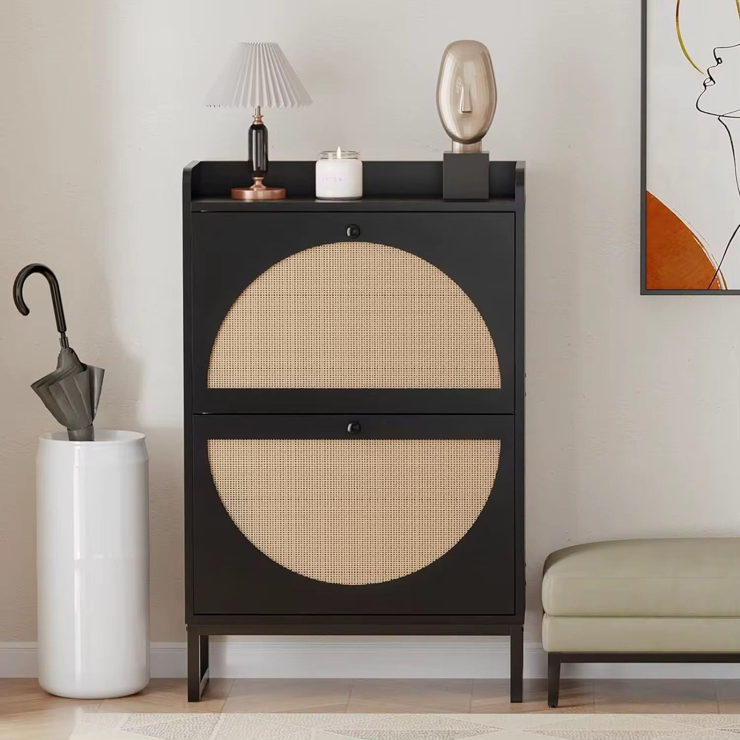 Premium Rattan Wooden Black Flip Shoe Cabinet – Elegant Storage Redefined
