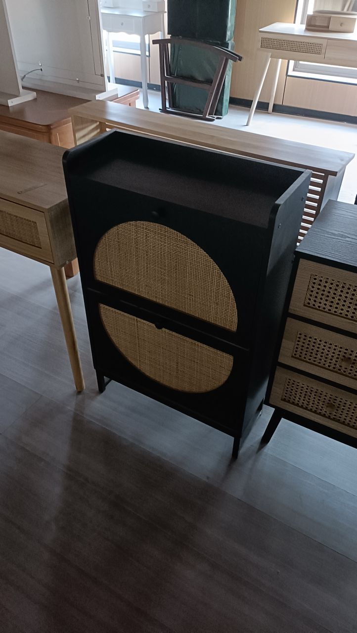 Premium Rattan Wooden Black Flip Shoe Cabinet – Elegant Storage Redefined