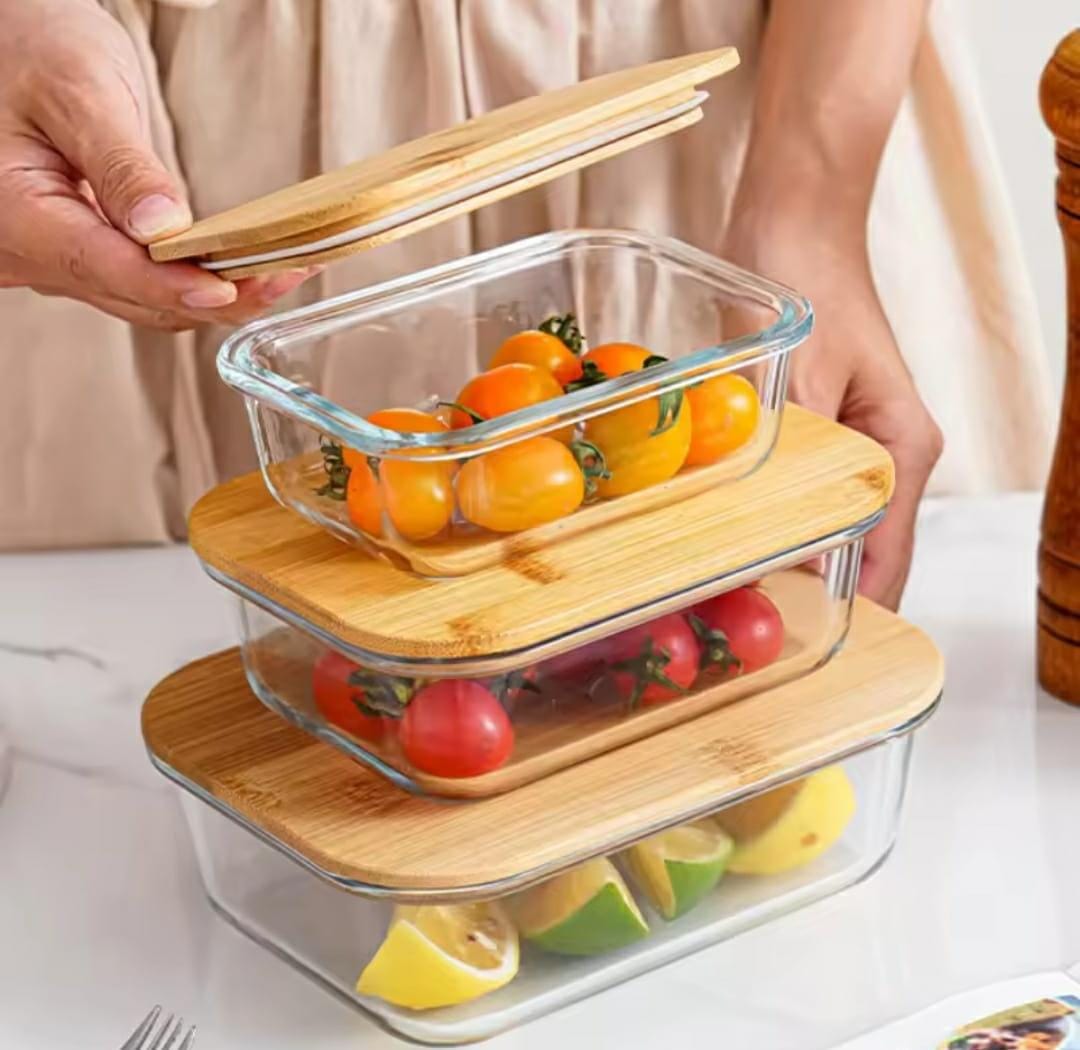 3in1  snack storage box set wooden top lid