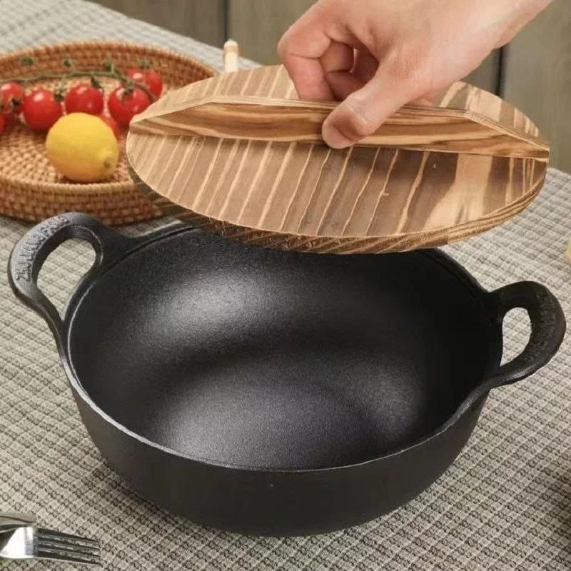 Pre Seasoned Pure Cast Iron Flat Bottom Wok with Wooden Lid 25cm Double Handles.