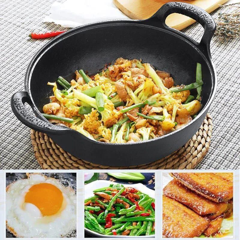 Pre Seasoned Pure Cast Iron Flat Bottom Wok with Wooden Lid 25cm Double Handles.