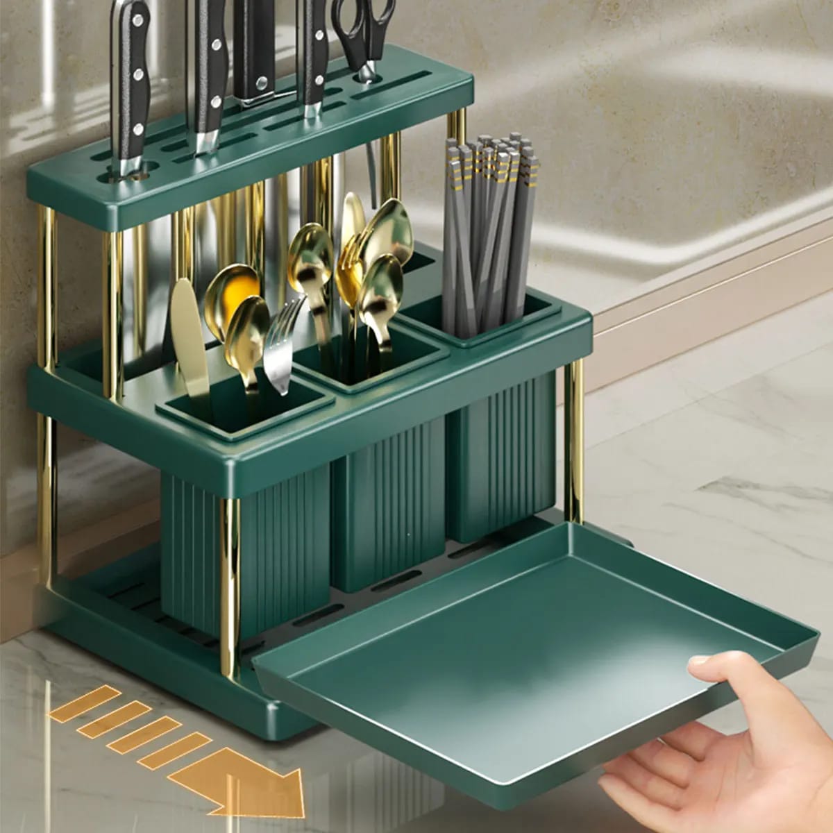 Multifunctional Kitchen Cutlery Holder Spoon Fork Chopstick Knives Storage Rack with Drain (25cm x 23cm x 16cm)