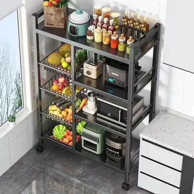 Multifunctional Strong Metallic Kitchen Rack with Lockable Wheels Black Kitchen Storage Rack Organizer.