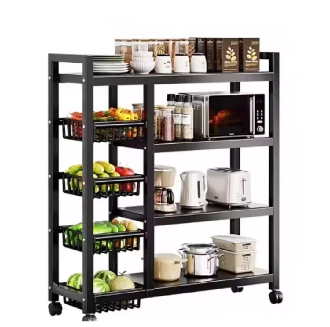 Multifunctional Strong Metallic Kitchen Rack with Lockable Wheels Black Kitchen Storage Rack Organizer.