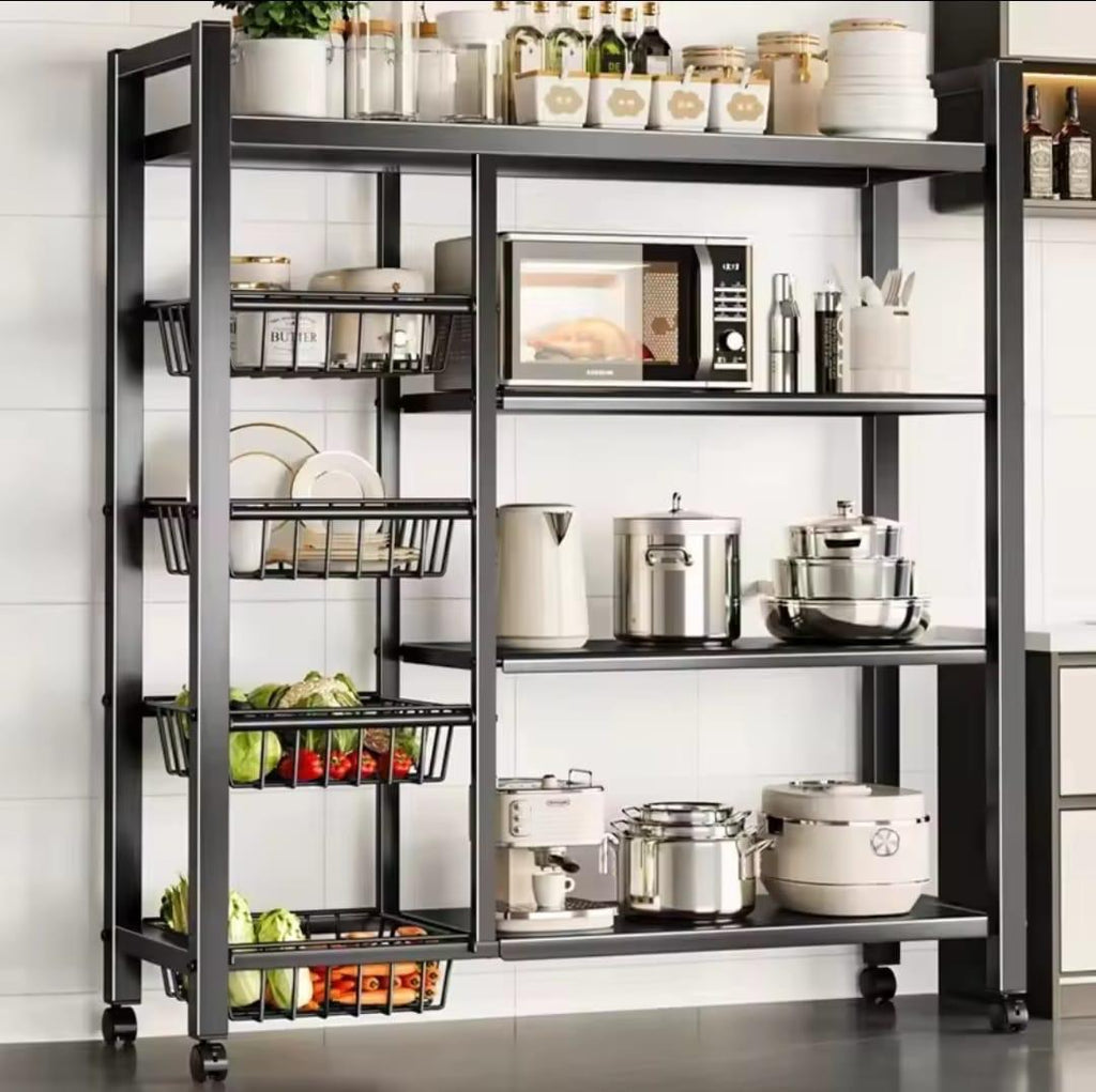 Multifunctional Strong Metallic Kitchen Rack with Lockable Wheels Black Kitchen Storage Rack Organizer.