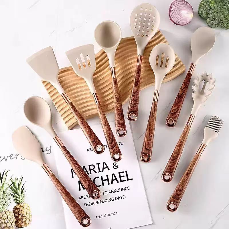 11pc Heat-Resistant Kitchenware Utensils Set (Silicone with Gold-Plated Handles)