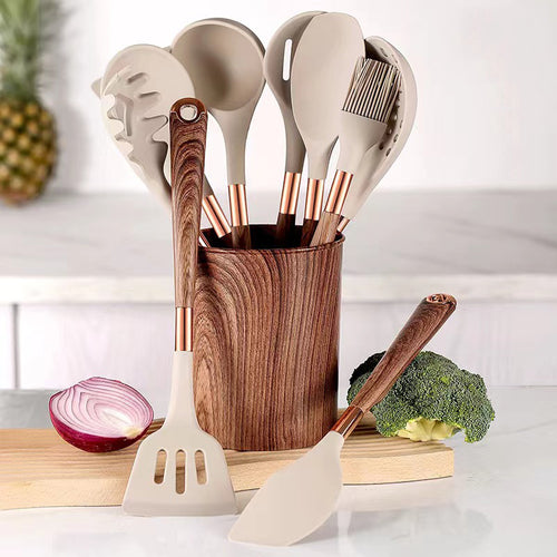 11pc Heat-Resistant Kitchenware Utensils Set (Silicone with Gold-Plated Handles)