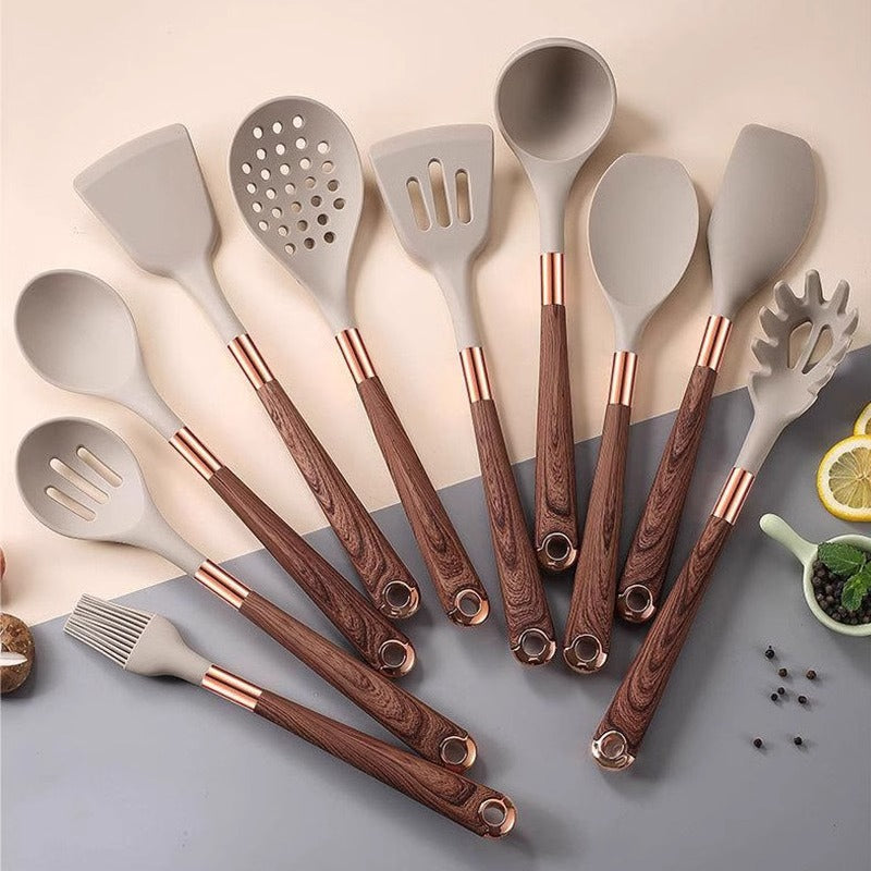 11pc Heat-Resistant Kitchenware Utensils Set (Silicone with Gold-Plated Handles)