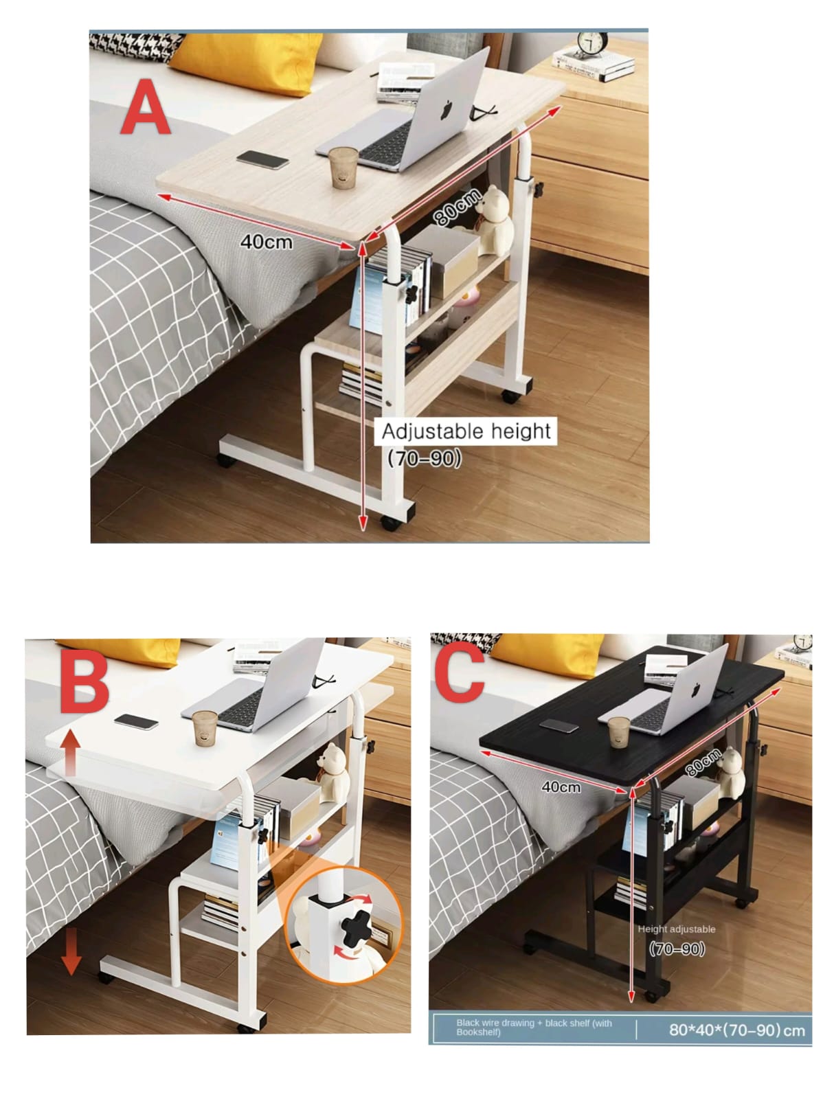 Adjustable Bedside Laptop Desk with Storage & Wheels |Size: W80 × D40 × H69–90 cm