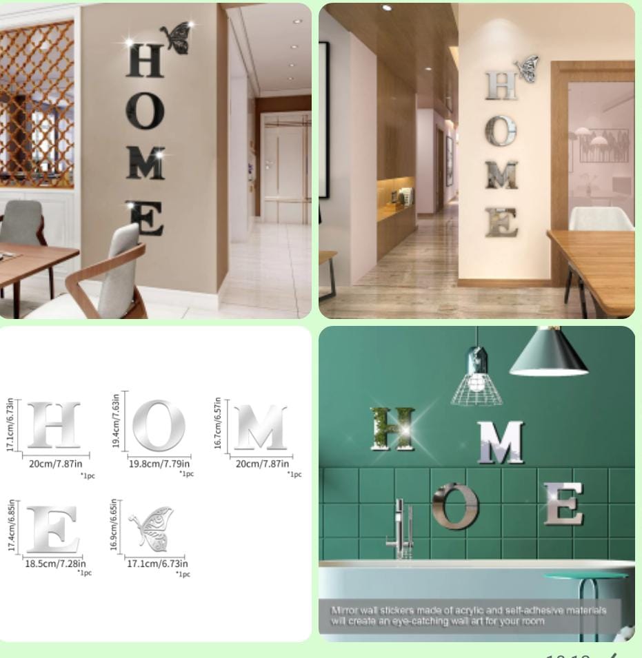 H.O.M.E Acrylic Mirror Wall Sticker Set with Butterfly Décor